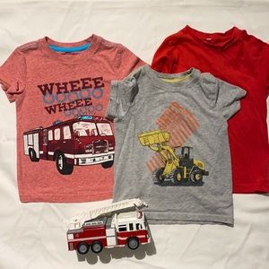 Fire truck, front loader and red T-shirt. Size 3.